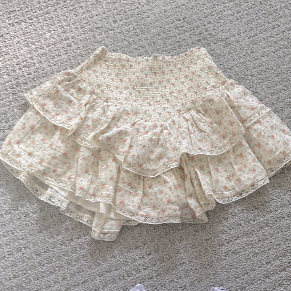 LoveShackFancy Cream Floral Ruffled Mini Skirt